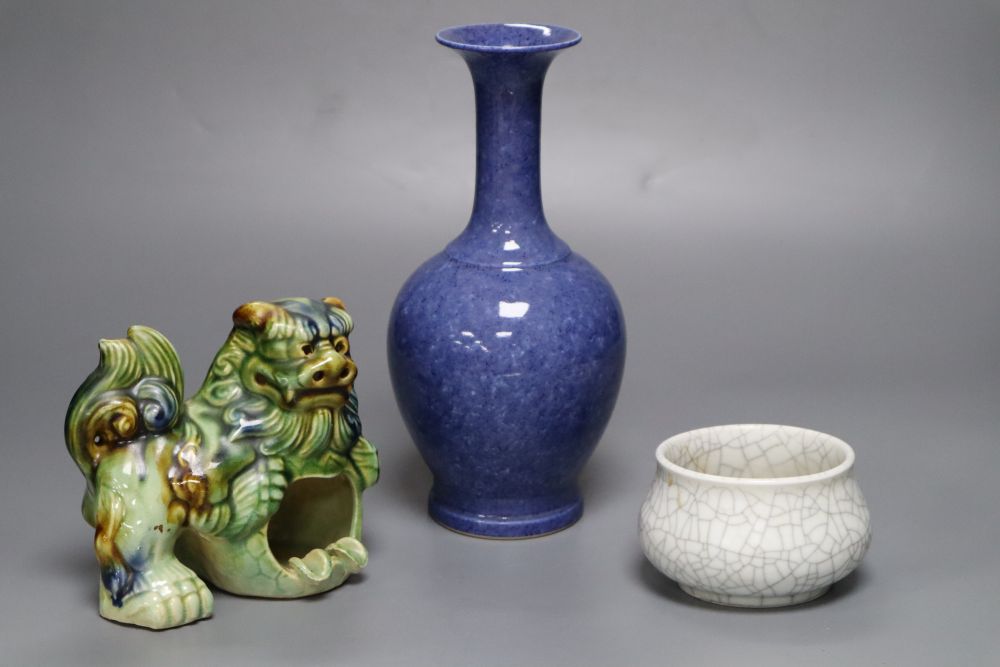 A Chinese powder blue vase, 23cm, Chinese crackleware bowl, 10cm diameter and an earthenware Buddhistic lion